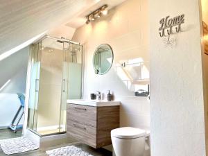 a bathroom with a toilet and a shower and a sink at Le papillon,Logement cosy en Alsace in Erstein +12 photos