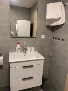 a bathroom with a white sink and a mirror at 1-room apartment center Rajecké Teplice in Rajecké Teplice +5 photos