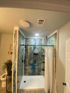 Un baño con ducha con cortina de ducha. en WrightWay Oasis, en Blytheville