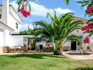 a palm tree in the yard of a house at Elegant Villa in Nuevo Portil with Shared Pool in El Portil