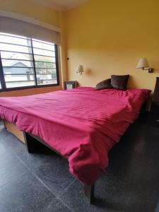 Museo Mar في مار ديل بلاتا: سرير احمر كبير في غرفة مع نافذة