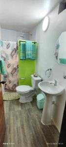 un bagno con wc, lavandino e doccia di Buzios Posada a Chichiriviche