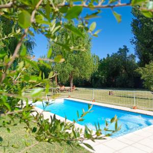 una piscina en un patio con árboles en Cabañas Casa fuerte, en San Rafael