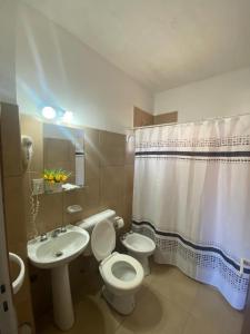 Un baño con lavabo, inodoro y cortina de ducha. en La Telesita, en Concordia