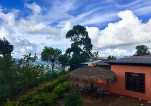a small house with a table and a straw roof at Sana's homestay haputhale in Haputale