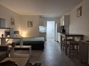 una camera da letto con un letto e una cucina con un tavolo di Beachfront apartment a Marigot