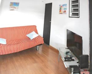 a living room with a couch and a television at Maison charmante à Saint-Gilles les Bains in Saint-Gilles-les-Bains