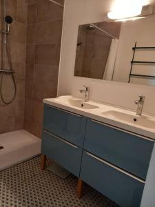 a bathroom with a sink and a mirror and a tub at Domaine Saint Augustin in Rieux-Minervois