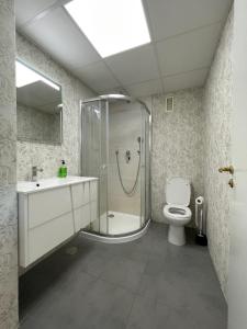マドリードにある23 DOWN TOWN IN METRO IN 5 Station straigh WIFI ACのシャワー、洗面台、トイレ付きのバスルーム