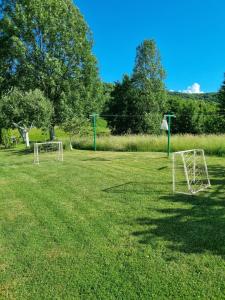 a field with two soccer goals in the grass at Apartment Rosandić in Smoljanac