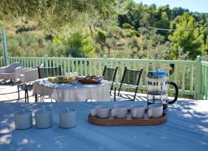 a table with cups and a blender on a blue table at Villa Aquilo in Megali Ammos