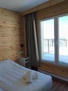 Un dormitorio con una cama y una ventana grande. en Apartamentos Montreal premium, en Sierra Nevada