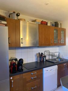 a kitchen with wooden cabinets and a black counter top at Appartement calme avec jardin in Bruges +2 photos