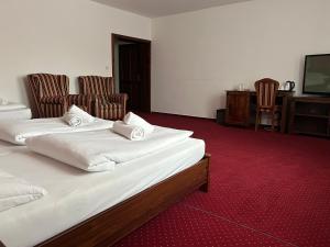 two beds in a room with a tv and chairs at Zámocká koruna u Hoffera in Nitra