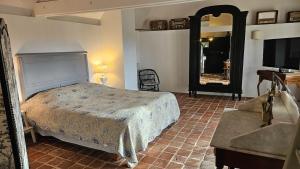 ein Schlafzimmer mit einem Bett und einem großen Spiegel in der Unterkunft L'Olivier - Charm and elegance Loire Valley in Vouvray