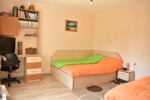a bedroom with a bed and a desk and a tv at Коларова къща in Avren