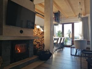 a living room with a fireplace with a tv at Cabana Ella Belis in Beliş