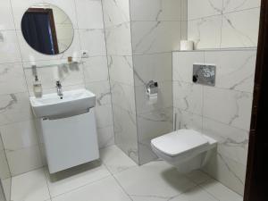 a white bathroom with a toilet and a sink at Zámocká koruna u Hoffera in Nitra +20 photos