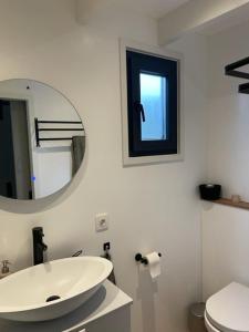 a bathroom with a white sink and a mirror at The Sustainable Saek Sneekermeer in Sneek +59 photos