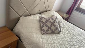 a bed with a pillow on it in a bedroom at BT Lux apartment 2 in Skopje