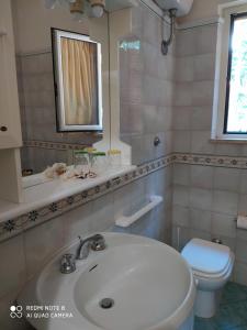 a bathroom with a sink and a toilet and a mirror at La Casa dei Daini in Ronciglione