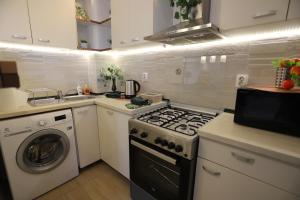 a kitchen with a stove and a washing machine at Apartament Cosmopolis in Ştefăneştii de Sus