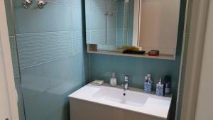 a bathroom with a sink and a glass shower at Appartamento La Fonte in Portoferraio
