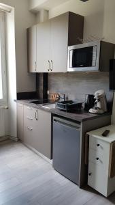 a kitchen with white cabinets and a microwave at Studio Georges 1er in Aix-les-Bains