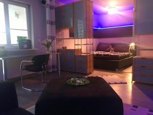 a bedroom with a bed and a table in a room at Apartment Schwabthal by Landhaus Staffelstein in Bad Staffelstein