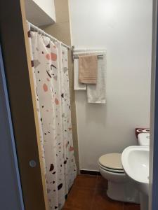 a bathroom with a toilet and a shower curtain at Avis Guesthouse in Évora