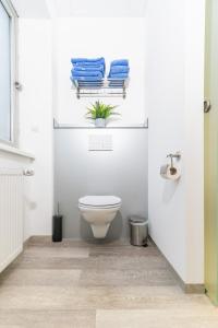 a bathroom with a toilet and towels on a shelf at Private room #5 with 2 twin beds, ground floor, AC, only 2min to RAB, no kitchen in Ramstein-Miesenbach +8 photos
