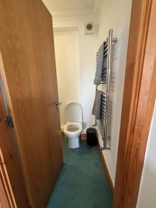 a small bathroom with a toilet and a door at Stylish & compact city center studio apartment 7a in Norwich