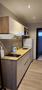 a kitchen with a sink and a refrigerator at Quequen - Vista al Mar in Quequén +9 photos