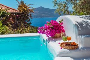 a pool with flowers and drinks and a basket of fruit at Fidanka Hotel in Kalkan