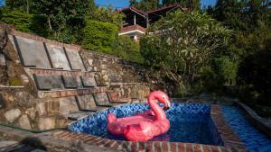 Un flamenco rosado en una piscina en un patio. en Secret Garden by The StayCationer, en Dehradun