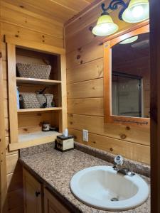 a bathroom with a sink and a mirror at Adirondack Luxury Getaway in Eagle Bay +24 photos