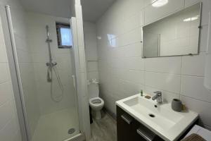 een badkamer met wastafel, douche en toilet bij Le Baheux Urbain in Le Havre