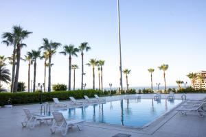 a pool with white chairs and palm trees at Anemon Kent İskenderun Otel in İskenderun