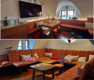 two pictures of a restaurant with a couch and tables at Apparthotel - Pension Ammertaler Hof in Saulgrub