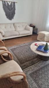 a living room with a couch and a coffee table at Casa Flores - casa espaçosa com churrasqueira e quintal in Águas da Prata