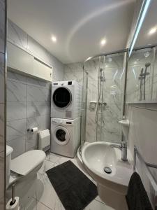 a bathroom with a washing machine and a sink at Luxury Apartment with Hot Tub in Is-Swieqi