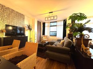 a living room with a couch and a tv at High Level Apartment in Mannheim