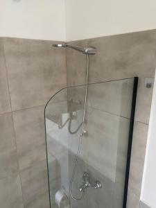 una ducha con puerta de cristal en un baño en Asoma Tiny House - Trevelin, en Trevelín