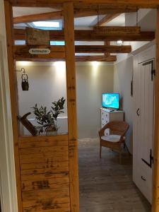 a room with a wooden door and a television at Ferienwohnungen _ Haus Lisa_ in Senftenberg