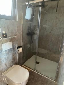 ein Badezimmer mit Toilette und Glasdusche in der Unterkunft Beach House Gabriela in Tisno