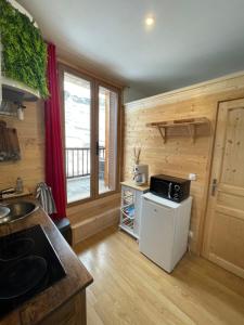 a kitchen with a small refrigerator and a microwave at Studio Cosy Saint-Véran in Saint-Véran +10 photos