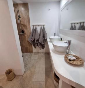 un bagno con lavandino, specchio e doccia di Quinta das Oliveiras a Olhão