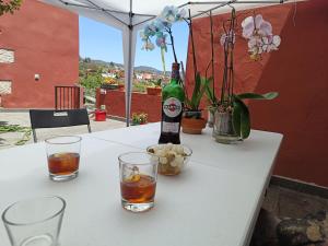 a table with two glasses and a bottle of alcohol at Finca La Acequia del Gamonal in Santa Brígida