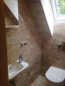 a bathroom with a sink and a toilet and a window at Chata Maruska in Ružomberok