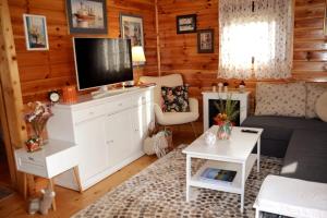 un soggiorno con una TV a schermo piatto su un mobile di The Village Cottage a Natsovtsi